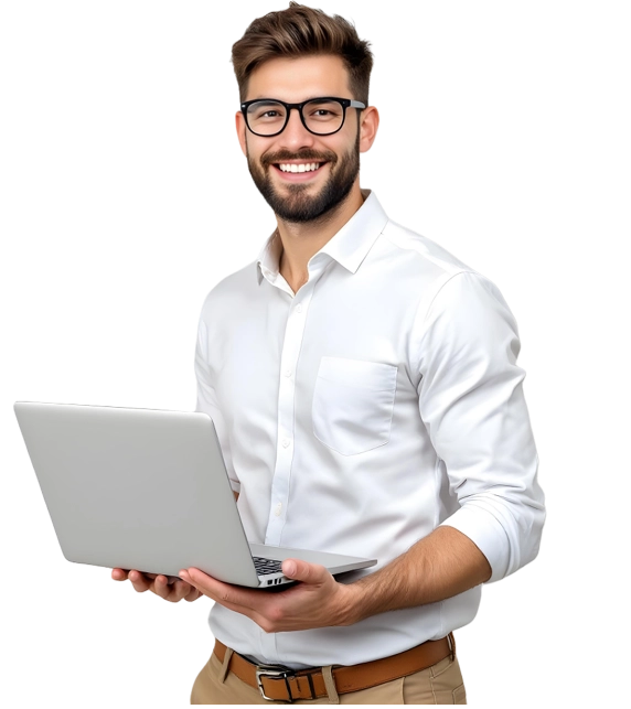 Smiling digital marketing expert holding a laptop, ready to assist clients.